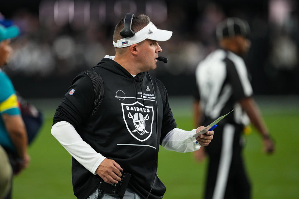 Las Vegas Raiders head coach Josh McDanielsc on the sideline in the second half of an NFL football game against the Indianapolis Colts in Las Vegas, Fla., Sunday, Nov. 13, 2022. (AP Photo/Matt York)