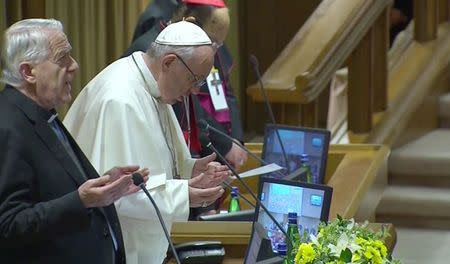 Pope Francis is seen during the second day of the four-day meeting on the global sexual abuse crisis, at the Vatican, February 22, 2019, in this screen grab taken from video. CTV via REUTERS