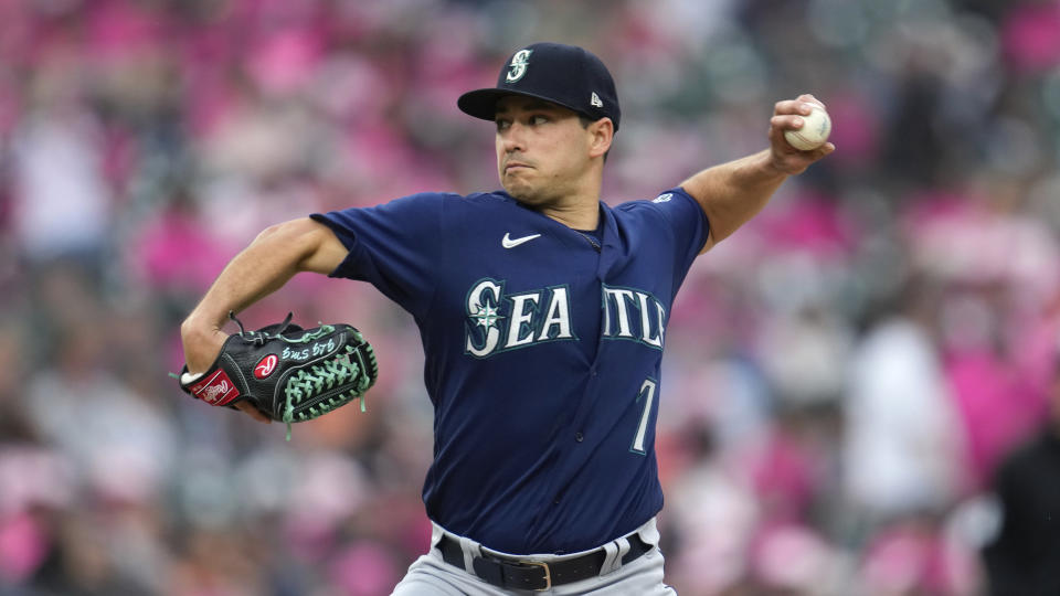 Seattle Mariners pitcher Marco Gonzales throws against the Detroit Tigers during the third inning of a baseball game Friday, May 12, 2023, in Detroit. (AP Photo/Paul Sancya)