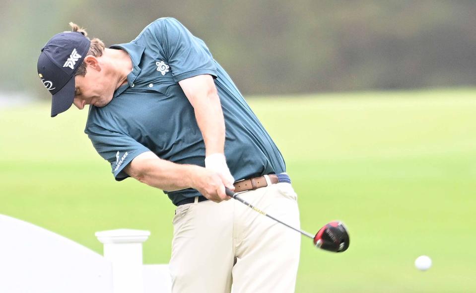 Henrik Norlander of Stockholm, Sweden, tees off on the 18th hole on the first day of the Sanderson Farms Championship on Thursday, Oct. 5, 2023, at the Country Club of Jackson in Jackson, Miss.