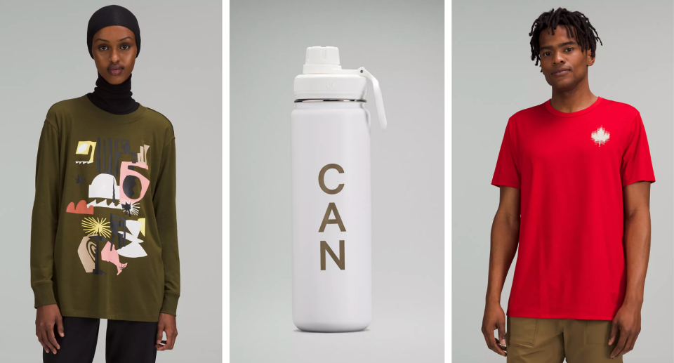 Lululemon's Team Canada summer collection, woman in long sleeve green t-shirt, white water bottle, man in red t-shirt