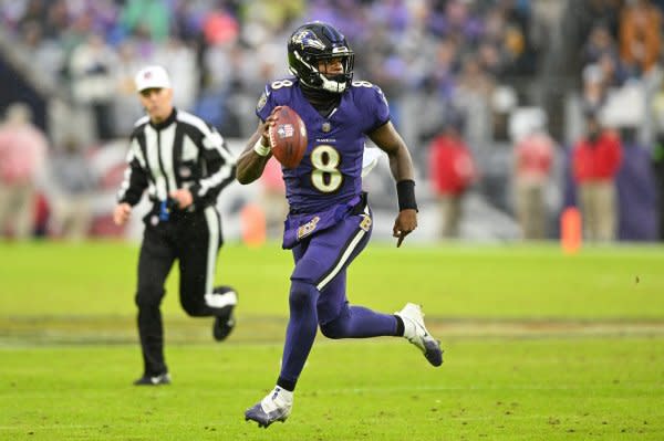 Baltimore Ravens quarterback Lamar Jackson scrambles against the Los Angeles Rams on Sunday at M&T Bank Stadium in Baltimore. Photo by David Tulis/UPI