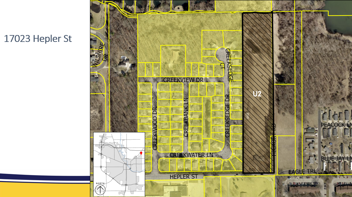 The shaded area is the 7.5 acre parcel at 17023 Hepler Street that the city may annex and rezone into an "Urban Neighborhood 2" as seen in this screenshot of a presentation for the South Bend Common Council's Aug. 26 meeting.