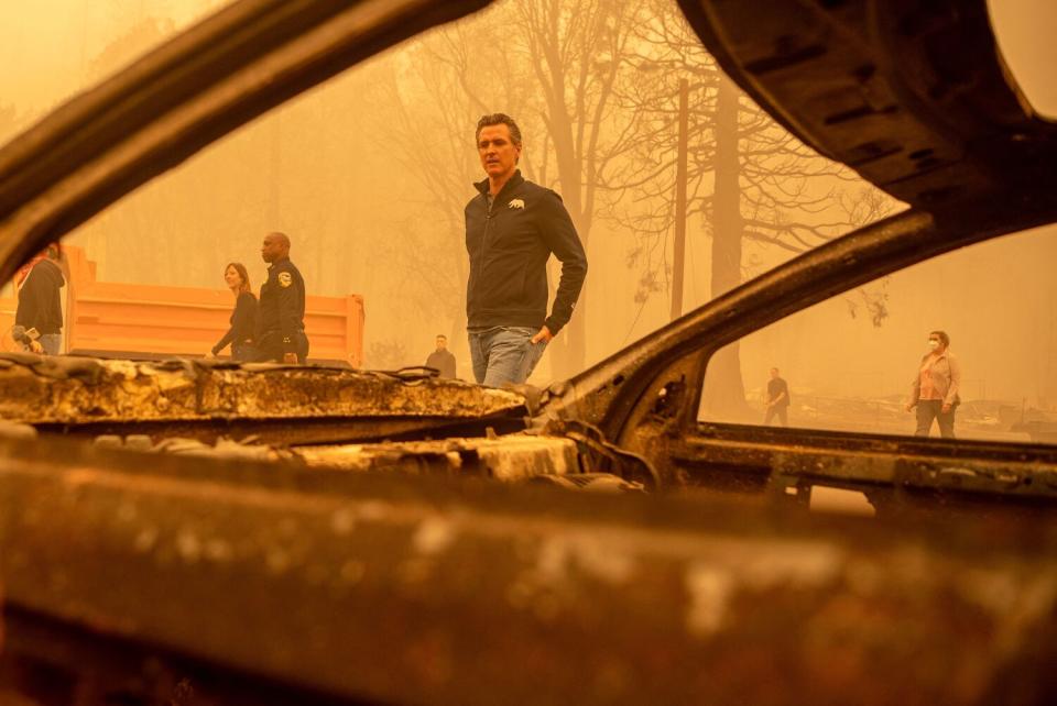 Gov. Gavin Newsom during an August 2021 tour of Greenville.