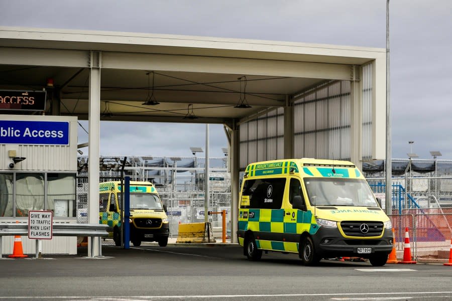 Ambulances leave Auckland International in Auckland, New Zealand, Monday, March 11, 2024. More than 20 people were injured after what officials described as a “technical event” on a Chilean plane traveling from Sydney, Australia to Auckland. (Dean Purcell/New Zealand Herald via AP)