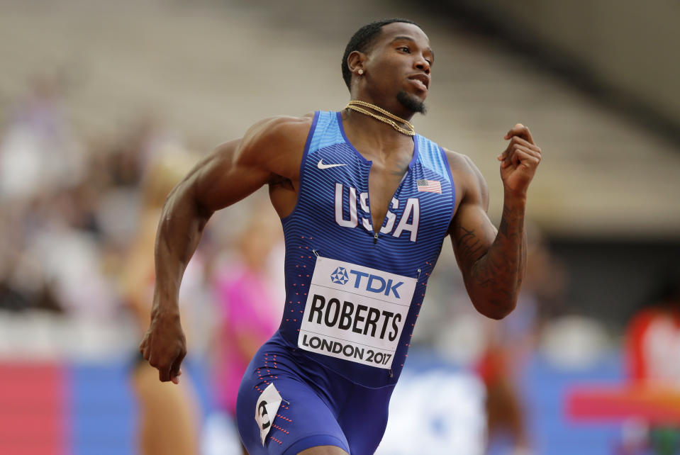 United States’ Gil Roberts competes in a men’s 400m first round heat during the World Athletics Championships in London Saturday, Aug. 5, 2017. (AP)