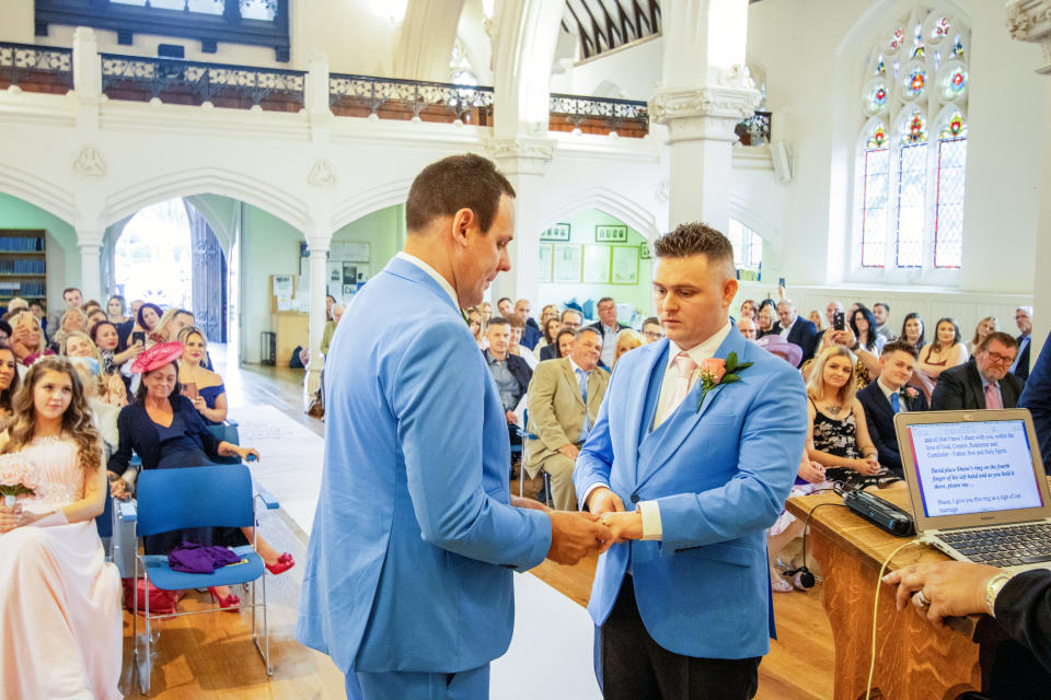 Shane Yerrell (left) and David Sparrey right) say there were turned down 31 times for a church wedding before finally tying the knot. (SWNS)