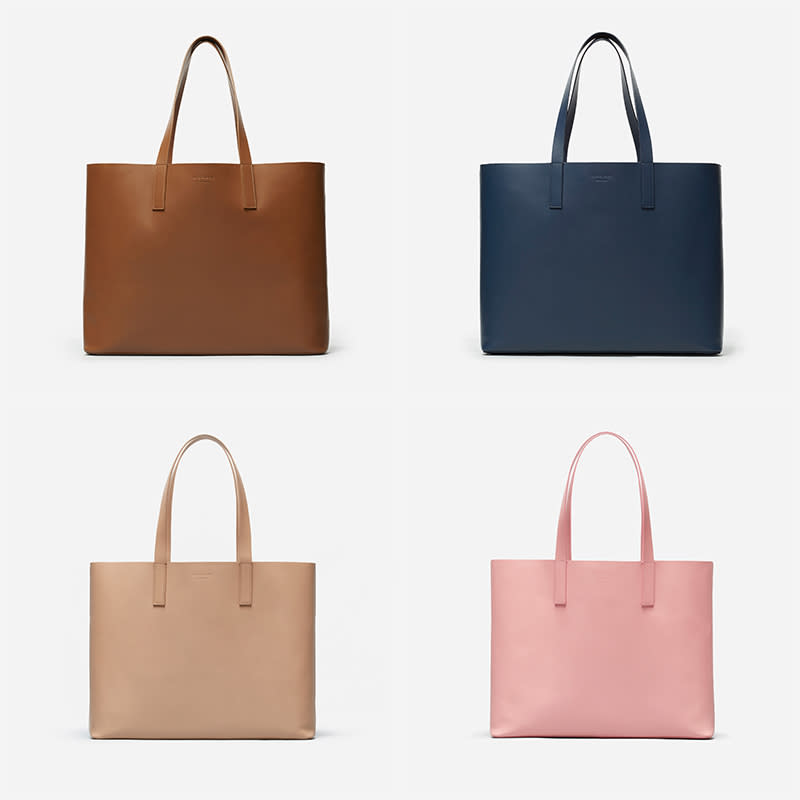 Clockwise from top left: Everlane Day Market Tote in Cognac, Navy, Light Taupe and Rose. (Photo: Everlane)