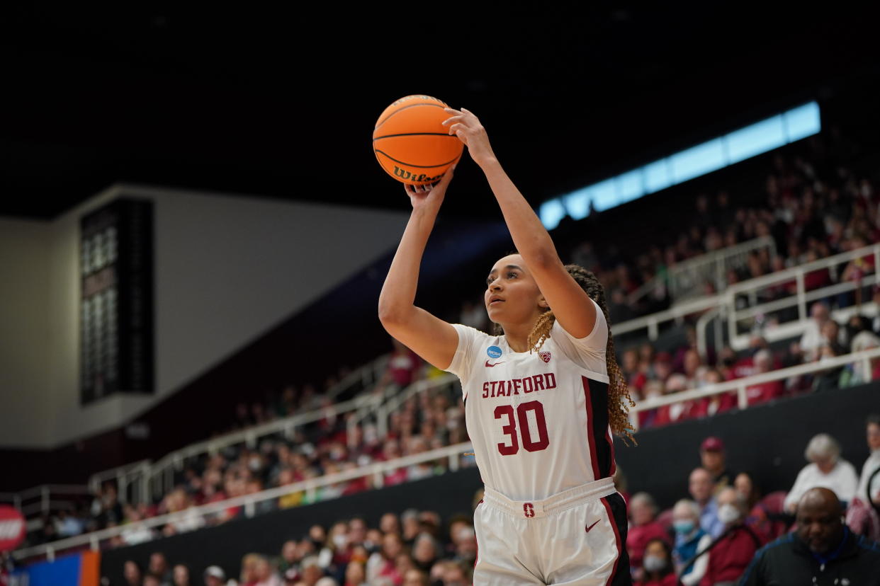  Haley Jones #30 of the ;Stan shoots the ball during the first round of the 2023 NCAA Women's Basketball Tournament held at the Stanford Maples Pavilion on March 17, 2023 in Palo Alto, California. (Photo by John Todd/NCAA Photos via Getty Images)