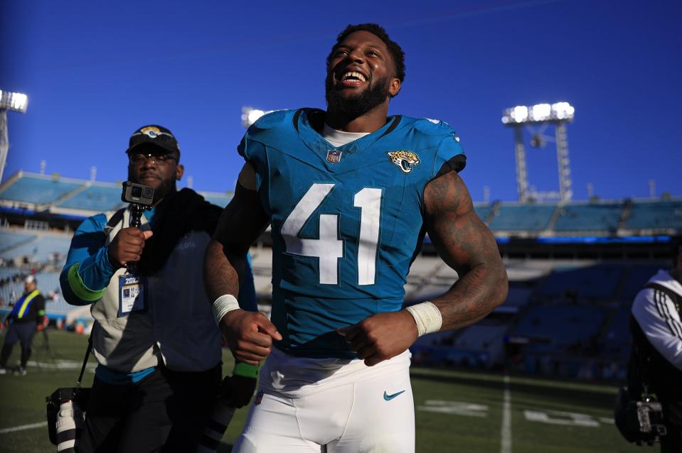 Jacksonville Jaguars linebacker Josh Allen (41) runs off the field after the game of a regular season NFL football matchup Sunday, Dec. 31, 2023 at EverBank Stadium in Jacksonville, Fla. The Jacksonville Jaguars blanked the Carolina Panthers 26-0. [Corey Perrine/Florida Times-Union]