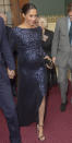 The Duchess of Sussex dazzled at the premiere of the Cirque du Soleil’s ‘Totem’ at the Royal Albert Hall on January 16. The mother-to-be dressed her bump in a £3,475 midnight blue Roland Mouret gown finished with Stuart Weitzman’s £450 black ‘Nudist’ sandals. Her go-to Givenchy satin clutch bag and Princess Diana’s Heirloom bracelet completed the ensemble. [Photo: Getty]