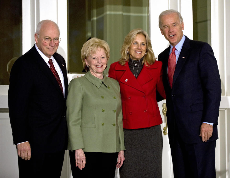 Vice President Dick Cheney (L) and his wife Lynne (2nd-L), welcome Vice President-elect Joe Biden (R) and his wife Jill as they arrive for a private meeting and to tour the official residence of the Vice President November 13, 2008, at the US Naval Observatory in Washington, DC. (PAUL J. RICHARDS/AFP/Getty Images)