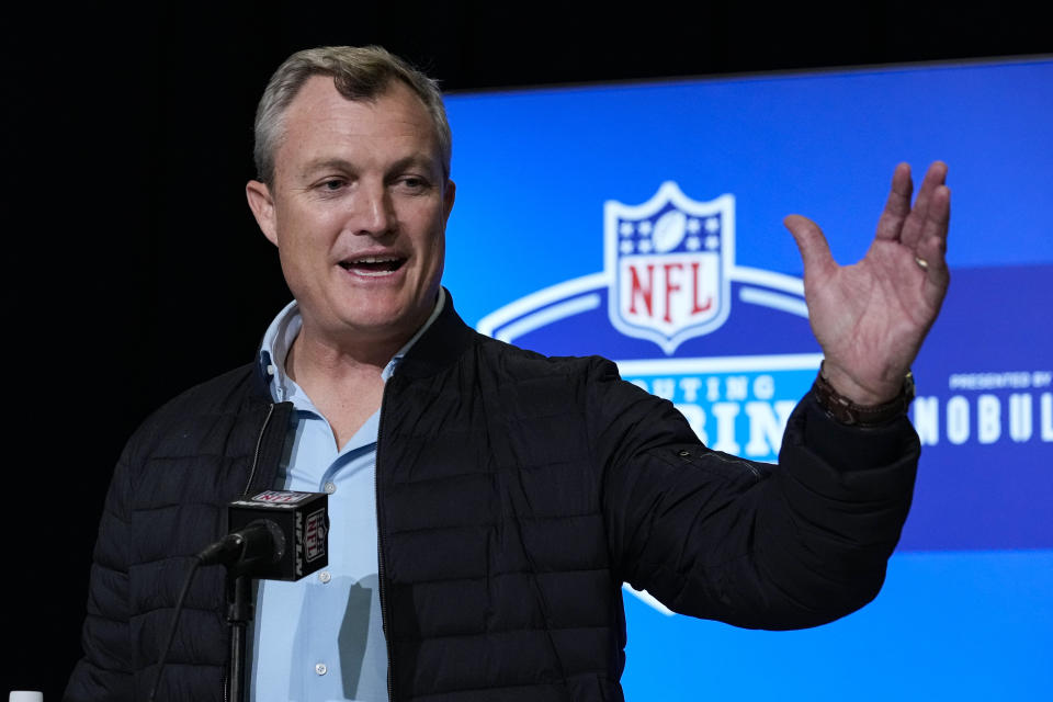 San Francisco 49ers general manager John Lynch speaks during a press conference at the NFL football scouting combine in Indianapolis, Tuesday, Feb. 28, 2023. (AP Photo/Michael Conroy)