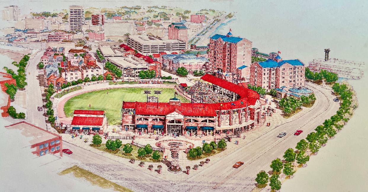 An artist's rendering of the proposed Downtown baseball stadium.