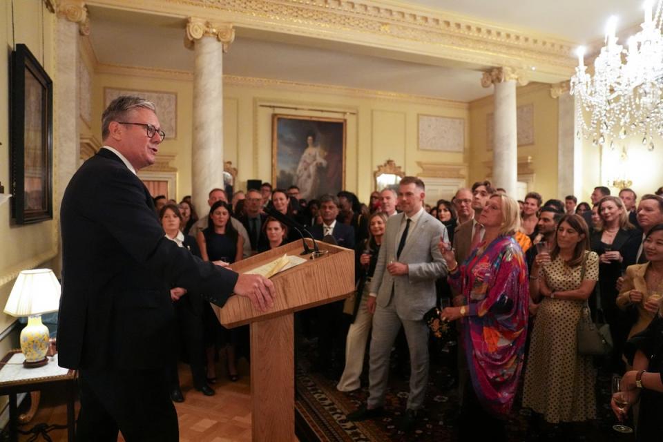 British Prime Minister Keir Starmer speaks at a reception to mark the 40th anniversary of London Fashion Week (via REUTERS)