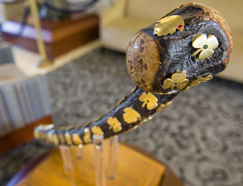 The original Jeweled Shillelagh trophy, retired in 1995, is on permanent display near the Notre Dame Alumni Association in the Notre Dame Joyce Center. A new trophy goes to the winner of the annual Notre Dame-USC football game. Tribune Photo/MICHAEL CATERINA