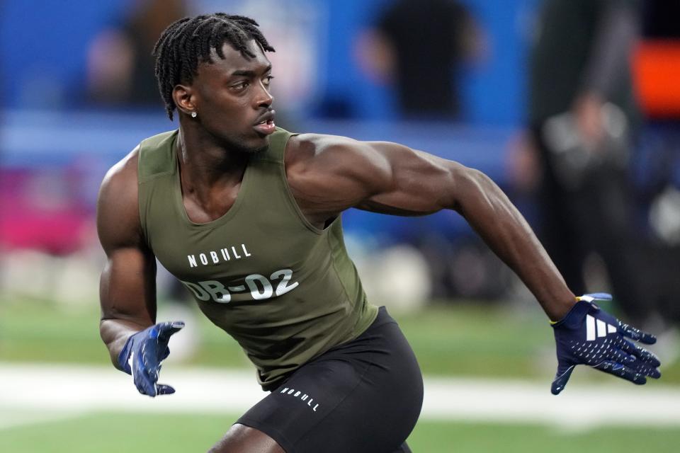 Alabama defensive back Terrion Arnold (DB02) works out during the 2024 NFL Combine at Lucas Oil Stadium.