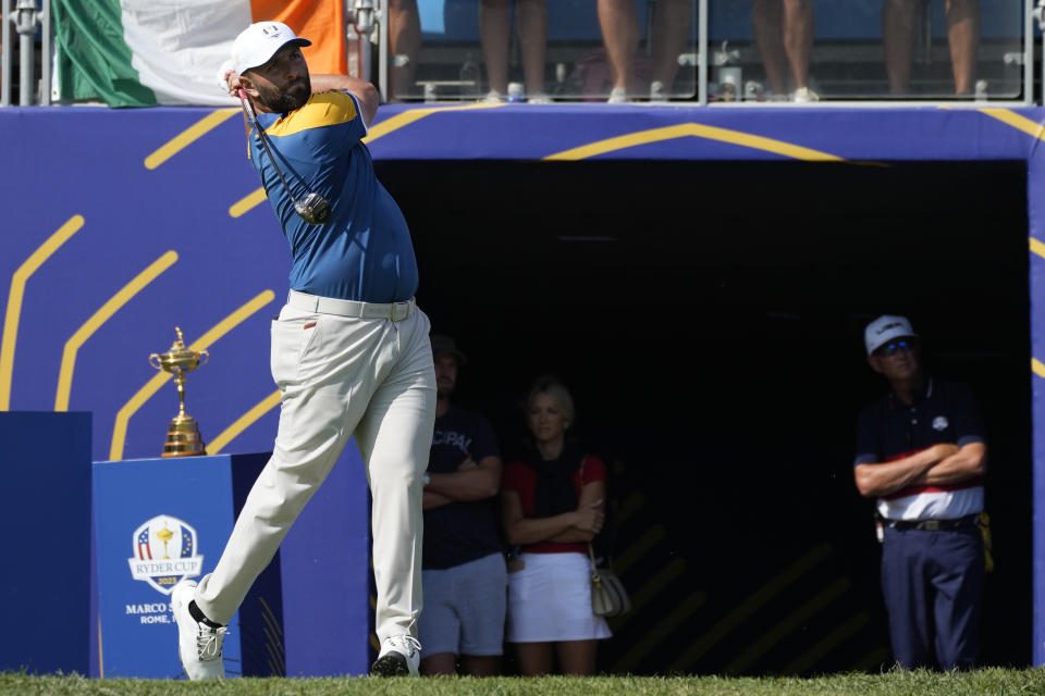 Europe's Jon Rahm tees off the 1st hole during his singles match at the Ryder Cup golf tournament at the Marco Simone Golf Club in Guidonia Montecelio, Italy, Sunday, Oct. 1, 2023. (AP Photo/Alessandra Tarantino)