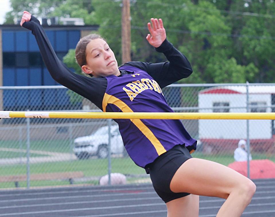 Reese Munger of Watertown won the girls' high jump during the Mark Wendelgass Relays track and field meet on Friday, May 19, 2023 in Mitchell.