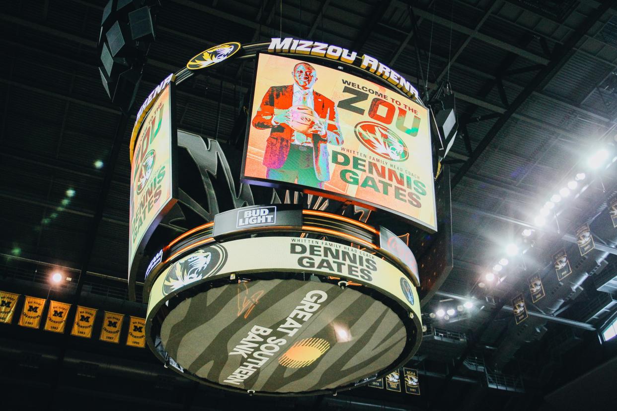 The Mizzou Arena jumbotron welcomes Dennis Gates as the 20th Missouri men's basketball coach outside of his introductory press conference.