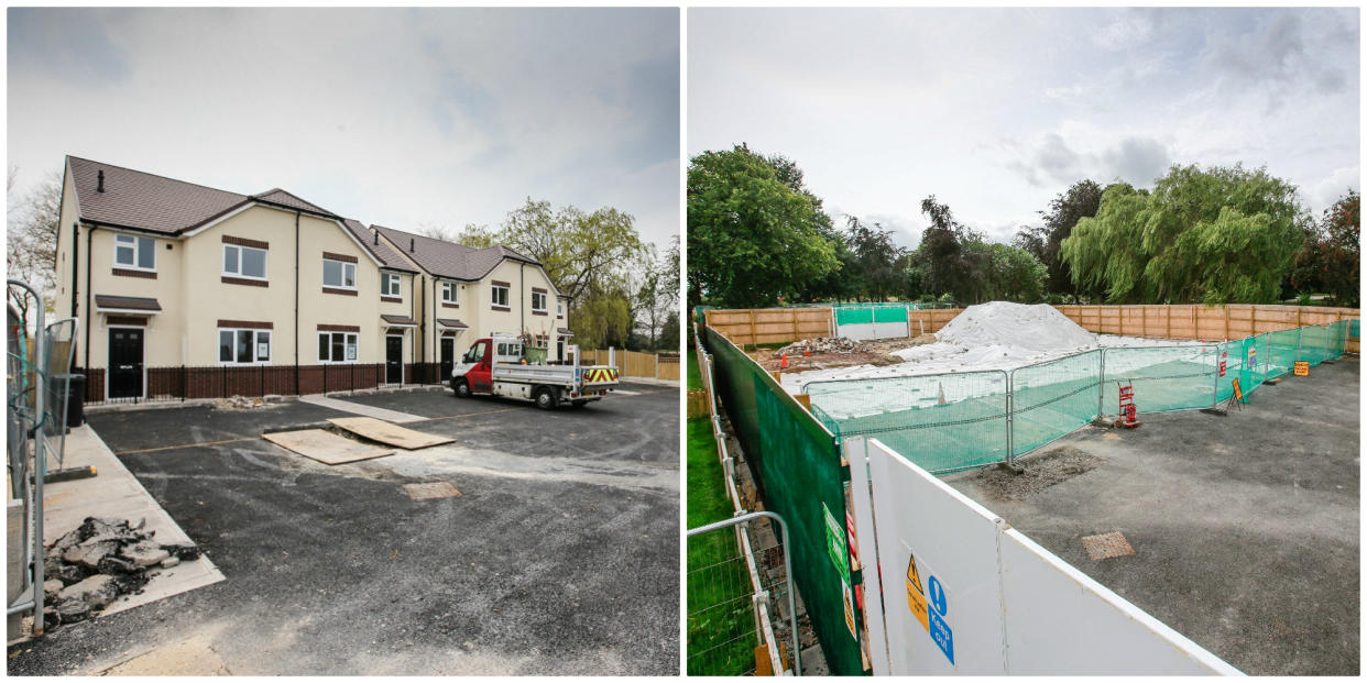 BEFORE (LEFT) AND AFTER (RIGHT) - Four brand new council homes in Chesterfield, Derbyshire,which cost nearly £1m to build, were torn down because they were blighted by poisonous GAS. November 02 2019. The unoccupied houses were razed to the ground after it was discovered theyd been built on top of a burning coal seam which had flooded the properties with potentially deadly carbon dioxide