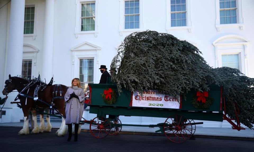 Melania Trump on Monday welcomes the delivery of the White House Christmas tree, an 18.5ft Fraser fir from Oregon.