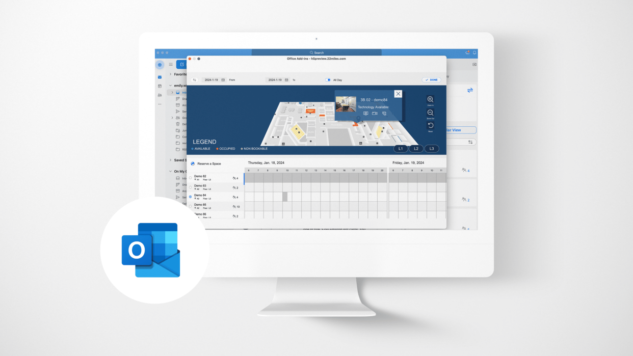  The new 22Miles Microsoft Teams app and Outlook plug-in displayed on a PC. 