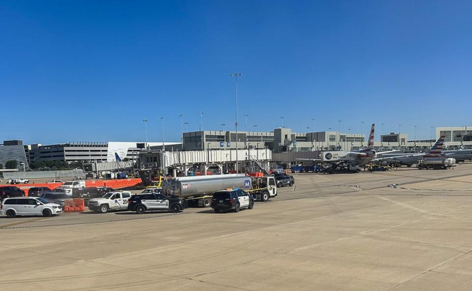 Photo shows the scene after a fuel storage vehicle fatally struck an employee of the city of Austin's Aviation Department at Austin-Bergstrom International Airport on Tuesday, Oct. 31, 2023.