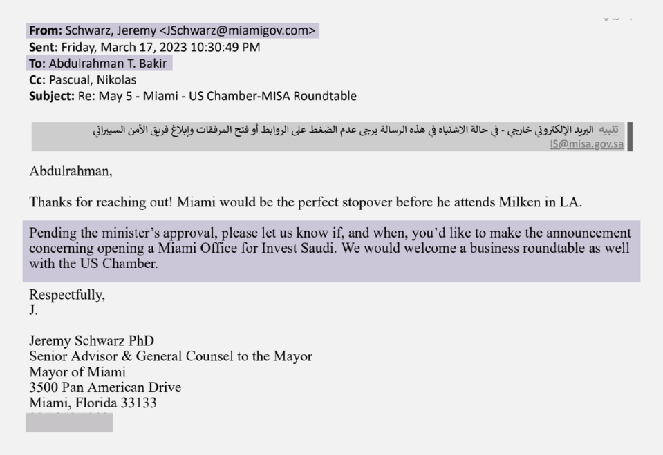 The mayor’s top aide, Jeremy Schwarz, responds to an inquiry from Saudi Arabia’s Ministry of Investments about the mayor’s availability for a roundtable with local business leaders to announce the opening of the kingdom’s Miami investment office. 