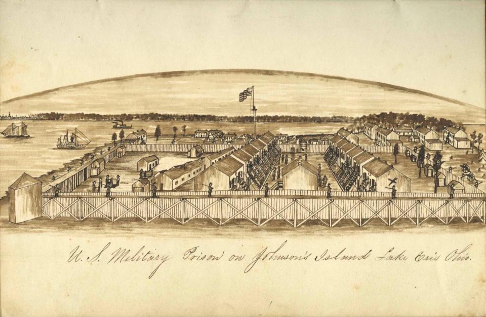 Capt. Paul J. Marrs of Henderson was a prisoner of war at Johnson's Island near Sandusky, Ohio,  before being exchanged. This pen and ink drawing of the prison compound was done by a POW identified only as "M" and was sent to Ann Frederick Pope of Bardstown on Oct. 20, 1864.