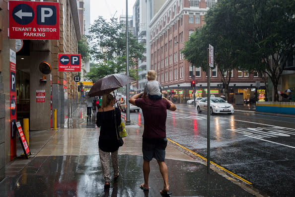Rain falls on the Brisbane central business district.
