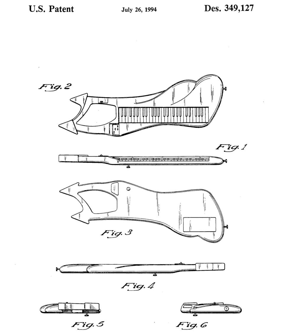 Nein, diese Zeichnung stellt kein Raumschiff aus "Star Wars" und auch keine Waffe aus "Star Trek" dar. Es handelt sich um ein Umhänge-Keyboard, dessen Design ein wenig an eine Gitarre erinnert ... (Bild: Google Patents)