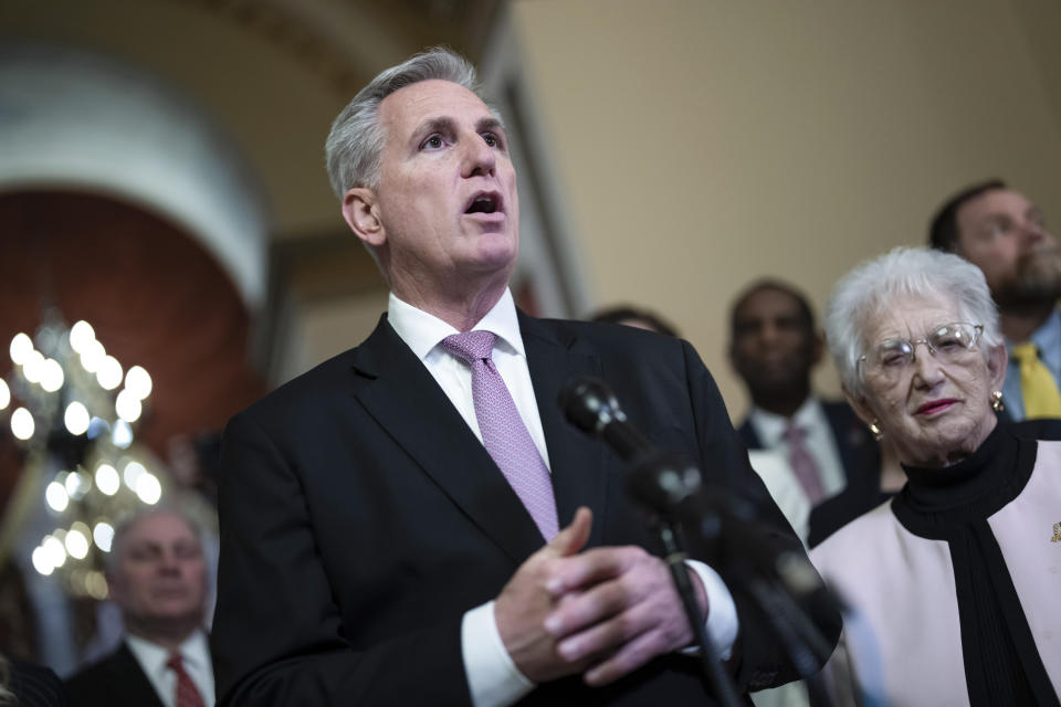 Speaker of the House Kevin McCarthy, R-Calif., joined at right by Rep. Virginia Foxx, R-N.C., chair of the House Education Committee, talks to reporters after the House narrowly passed the "Parents' Bill of Rights Act," at the Capitol in Washington, Friday, March 24, 2023. (AP Photo/J. Scott Applewhite)