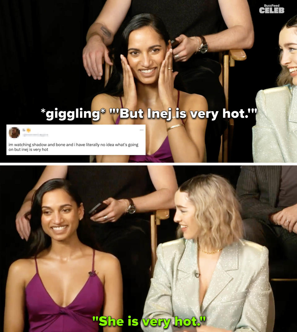 Amita reading a tweet about Inej being hot, and Danielle saying, "She is very hot"