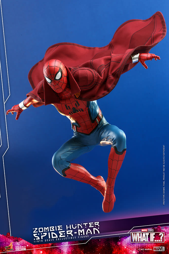 Zombie Hunter Spider-Man deluxe action figure from Hot Toys hovers in the air.