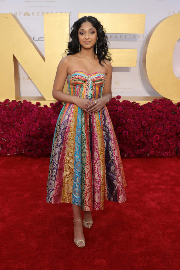 Ramakrishnan wearing a dress by Ashwin Thiyagarajan — made from upcycled sari fabrics — to the 2021 Unforgettable Gala.<p>Photo: Kevin Winter/Getty Images</p>