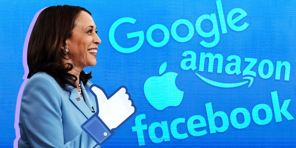 Vice President Kamala Harris giving a thumbs up with the Facebook "like" symbol as her hand, and the logos of facebook, apple, amazon, and google on a blue background