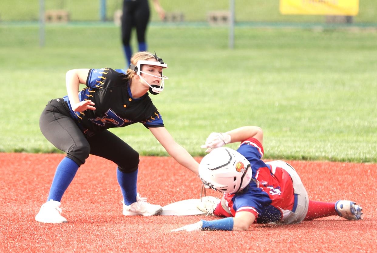Philo shortstop Karlee Southall tags out a West Holmes runner trying to seal second during Friday's game.