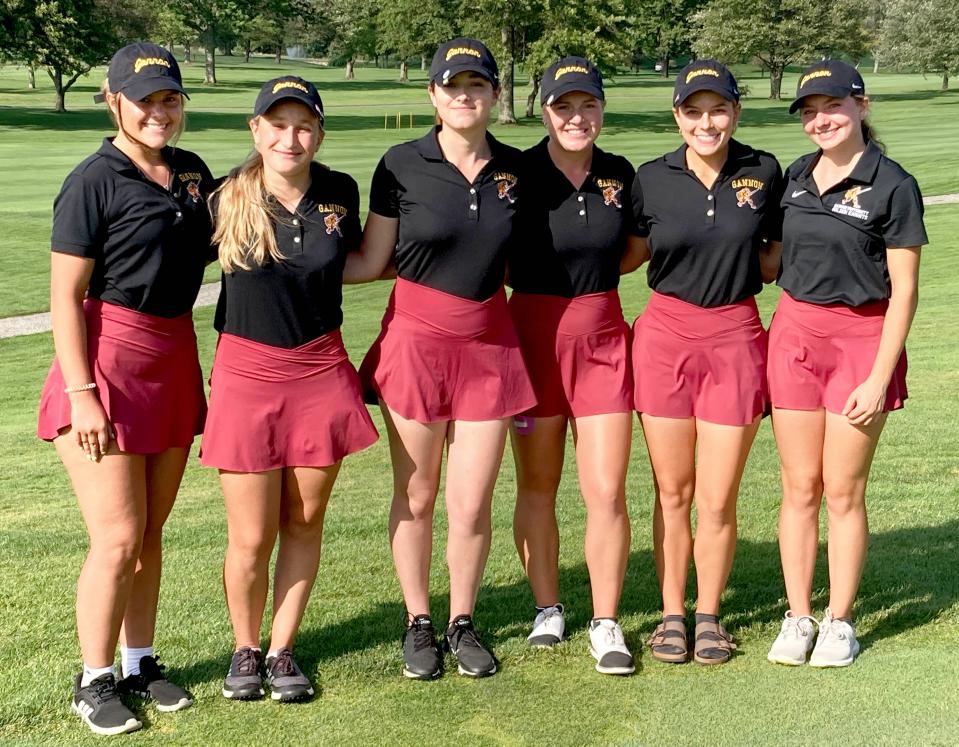 Six members of the 2023-24 Gannon University women's golf team pose Sunday at North East's Lake View Golf Club. Each competed in the EDWGA Stroke Play Tournament. Gannon's participants were (left to right) Lia Macek, Samantha Turk, Zoey McClain, Emily Donahue, Sarah White and Jillian Gambino. McClain graduated from McDowell and White from Mercyhurst Prep.