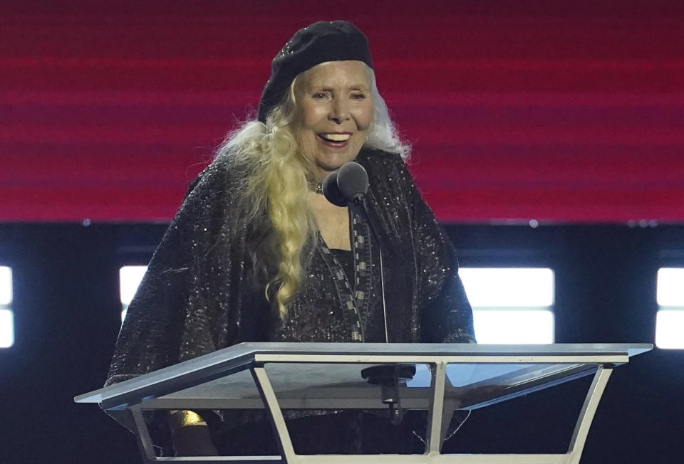 Joni Mitchell accepts the Person of the Year award at the 31st annual MusiCares benefit gala on Friday, April 1, 2022, at the MGM Grand Conference Center in Las Vegas. (AP Photo/Chris Pizzello)