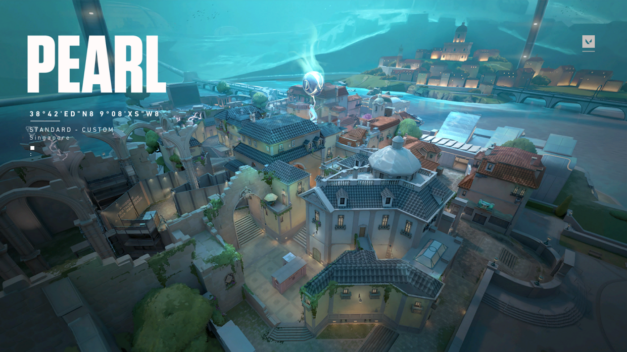 A screenshot of a map in Riot Game's VALORANT, named Pearl. It has stylised buildings and colourful roofs. (Screenshot: Riot Games)