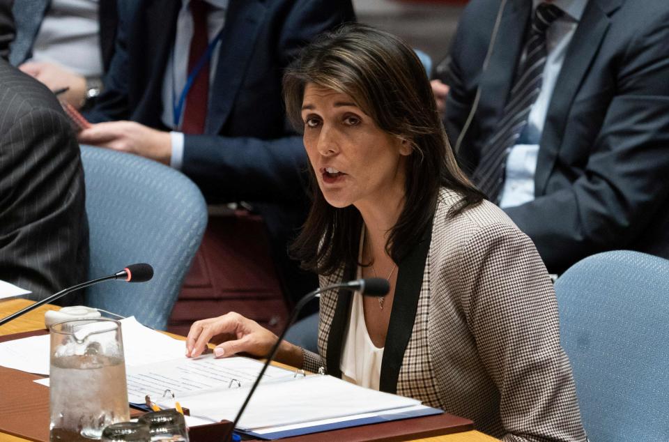 In this Nov. 26, 2018 photo, US Ambassador to the United Nations Nikki Haley addresses the U.N. Security Council during meeting on Ukraine at the United Nations in New York.