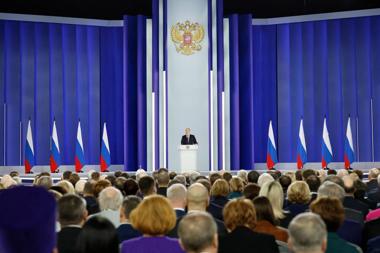 Putin speaking in Moscow on Feb. 21, 2023.  (Dmitry Astakhov / AFP - Getty Images)