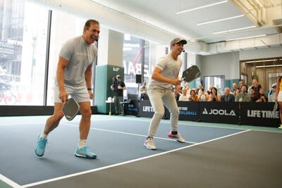 Life Time Founder and CEO, Bahram Akradi and Ben Johns play Pickleball at the new Life Time PENN 1 next to Madison Square Garden on May 04, 2024 in New York City. (Photo by Mike Stobe/Getty Images for Life Time)