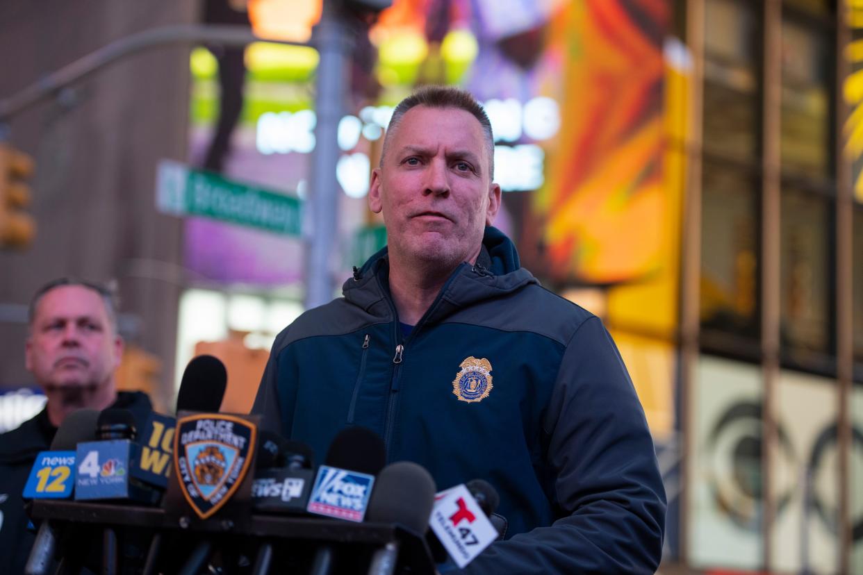 Police Commissioner Dermot Shea, center, blasted Mayor de Blasio in a Saturday evening press conference inside Times Square after innocent bystanders were shot on Saturday on 45th St. and 7th ave in Times Square.