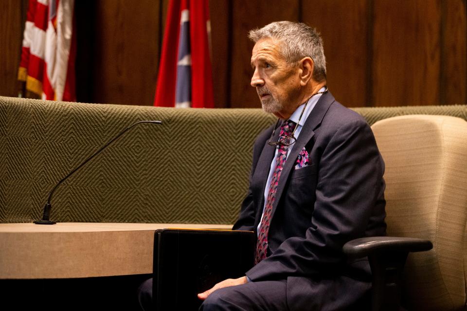 Judge Mark Fishburn offers expert opinion on legal representation and effective assistance as an expert called by the Tennessee Innocence Project in their argument that Artis Whitehead, who was been in jail since 2003 on charges related to the robbery of B.B. King’s in 2002, was wrongfully convicted at Shelby County Criminal Court on Wednesday, September 6, 2023.