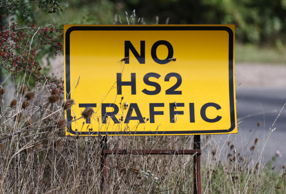 A road sign is seen as construction continues of the HS2 high speed rail project, near Amersham, Britain, September 29, 2023. REUTERS/Toby Melville