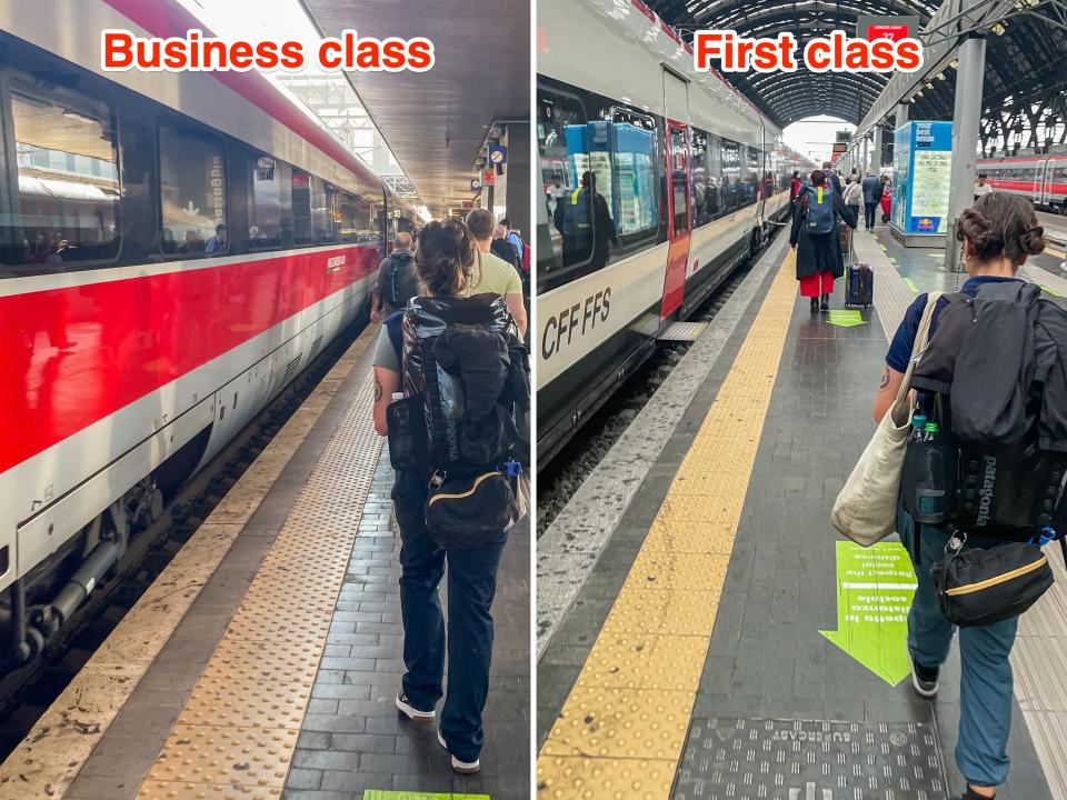 The author rides Trenitalia trains in business (L) and first (R) class.