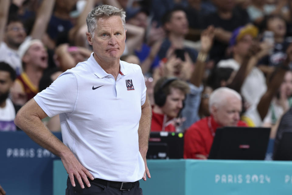 LILLE, FRANCE - JULY 28: Steve Kerr Head Coach of Team USA looks on during the Men's Group Phase - Group C match between Serbia and USA on Day 2 of the Olympic Games Paris 2024 at Stade Pierre Mauroy on July 28, 2024 in Lille, France. (Photo by Catherine Steenkeste/Getty Images)