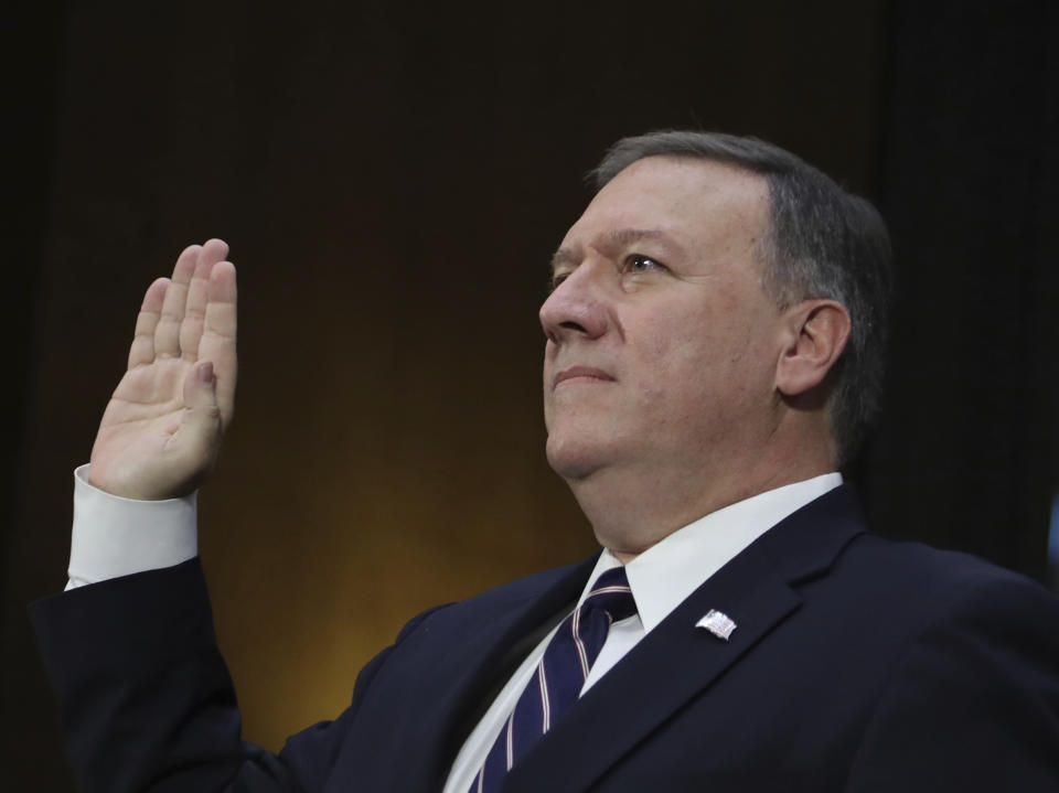 CIA Director-designate Rep. Michael Pompeo, R-Kan. is sworn in on Capitol Hill in Washington, Thursday, Jan. 1, 2017, prior to testifying at his confirmation hearing before the Senate Intelligence Committee. (AP Photo/Manuel Balce Ceneta)